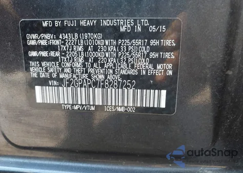 2015 Subaru Xv Crosstrek 2.0I Limited from USA, damaged, VIN JF2GPAPC7F8287252